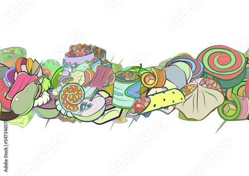 Background pattern abstract design texture. Fruits and Snacks. Horizontal seamless stripe. Border frame, transparent background. Theme is about loaf, lettuce leaf, sausage, twisted filling