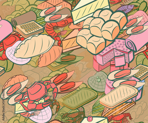Background pattern abstract design texture. Seamless. Seafood and Bakery products. Theme is about saturated with filling, cheesecake, round, sandwich, nautical, sennit, fried, biscuit, strudel