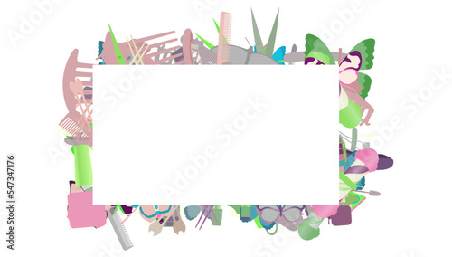 Blank paper, fill yourself invitation card, with border backdrop pattern. Abstract design texture. Theme is about comb, exotic, powder, vector, hairdressing, beautiful, Monarch, scissors