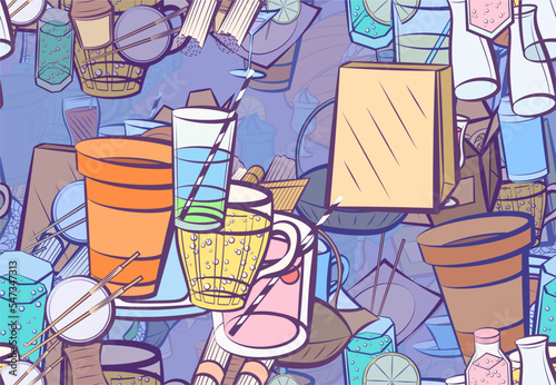 Background pattern abstract design texture. Seamless. Drinks and Japanese food. Theme is about cardboard, wineglass, Cup, roll salmon, sushi-roll, cream, stand, sushi salmon, kvass, sauce cup