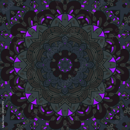 Seamless tile texture. Tracery mehndi design image. Dark toxic colors. Ethnic doodle art. Curved doodling picture. Vector