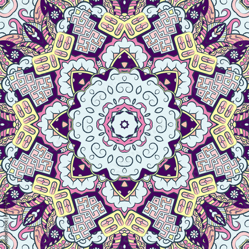 Seamless tile texture. Tracery mehndi design image. Ethnic doodle art. Curved doodling picture. Vector