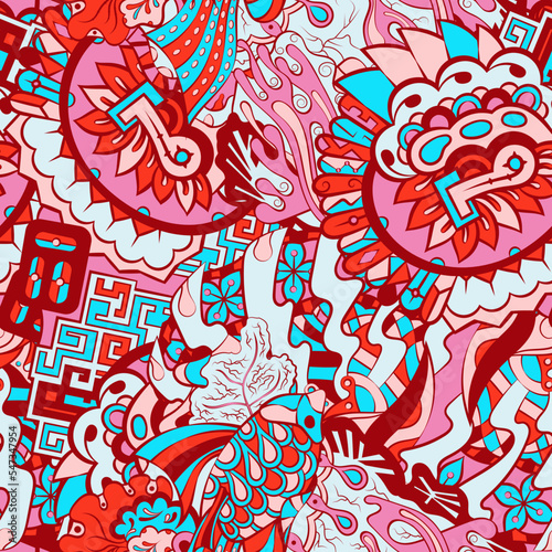 Tracery seamless pattern. Mehndi design. 6 colors. Ethnic doodle texture. Curved doodling background. Vector
