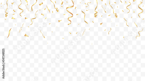 Gold confetti background. Festive backdrop. Party design with golden ribbons. Vector illustration