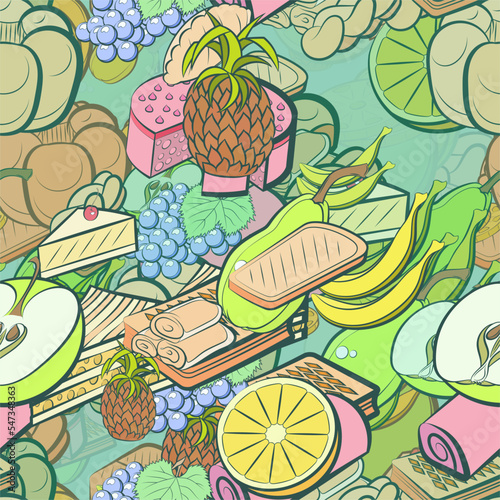 Background pattern abstract design texture. Seamless. Bakery products and Fruits. Theme is about saturated with filling, a stack, Apple, pie, cheesecake, whole, a sandwich, twist, cherry