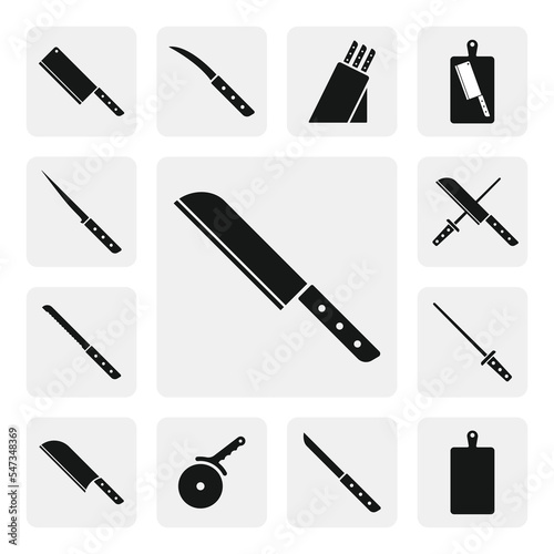 Kitchen universal knife flat web icon. Simple Santoku knife sign silhouette. Knife solid black icon vector design. Santoku knife cartoon clipart. Kitchen utensils icon set. Cooking tools icon