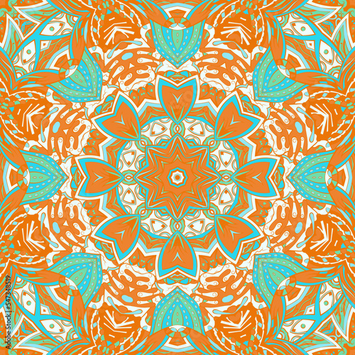 Seamless tile texture. Tracery mehndi design image. Ethnic doodle art. Curved doodling picture. Vector