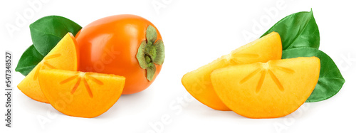 Persimmon fruit with leaves isolated on white background close-up
