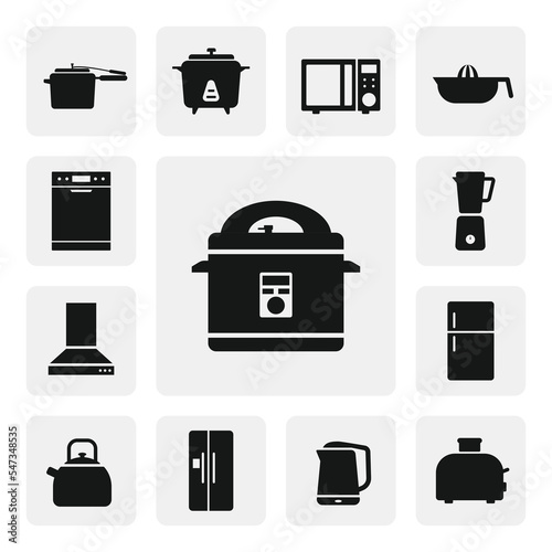 Automatic multicooker or pressure cooker flat web icon. Electric pressure cooker sign silhouette. Multicooker solid black vector design. Pressure cooker clipart. Kitchen appliances concept icon set