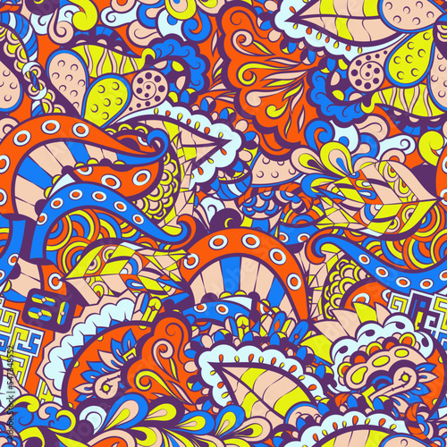 Tracery seamless pattern. Mehndi design. 6 colors. Ethnic doodle texture. Curved doodling background. Vector