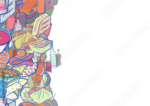 Background pattern abstract design texture. Snacks and Alcohol. Vertical seamless stripe. Border frame, transparent background. Theme is about slice, cucumber, vitamins, onigiri, Khinkali
