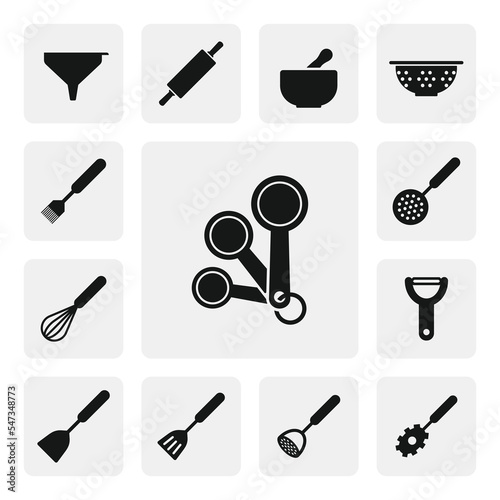 Measuring spoon flat web icon. Measuring spoon sign silhouette. Measuring spoons solid black icon vector design. Measuring spoon cartoon clipart. Kitchen utensils icon set. Cooking tools icon