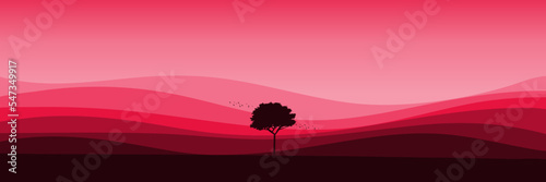 sunset landscape with tree silhouette flat design vector illustration good for wallpaper  background  backdrop  banner  tourism  and design template
