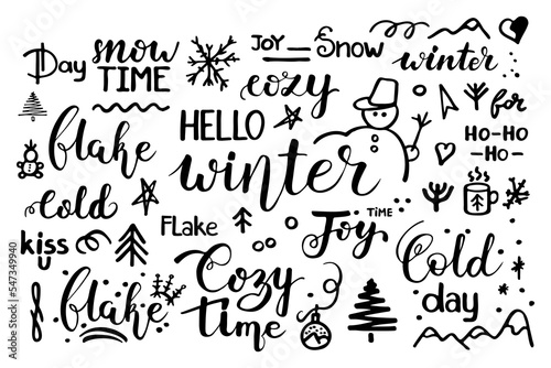 Merry Christmas. Set of handwritten lettering quote with Happy New Year phrase. Vector hand drawn calligraphy type