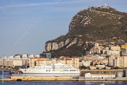 City Buildings, Port and Mountain by the Sea. Sunny Sky. Gibraltar, United Kingdom.