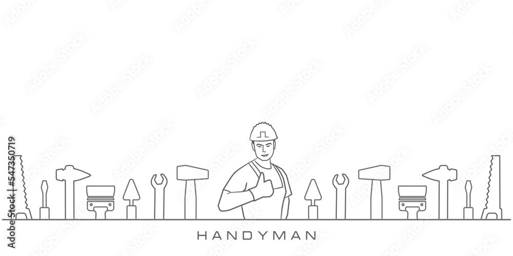 Professional handyman services. Vector banner template with worker, tools collection and text space.  Set of repair tools on white background for your web site design, app, UI. EPS10.