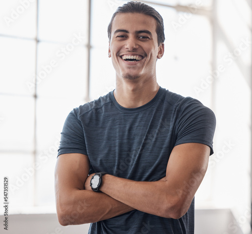 Obraz na plátně Fitness, laughing and portrait of man happy for muscle growth, gym workout success or achievement of body transformation goals