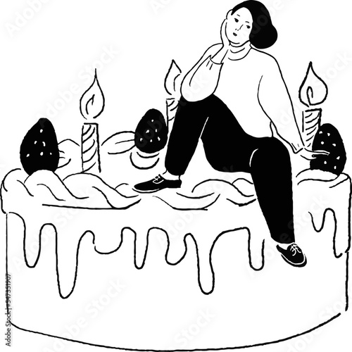 ケーキの上で座って考えている女性の線画