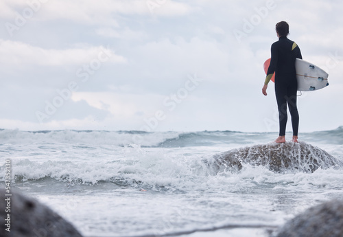 Canvas Print Sports, ocean surfing and man ready for fitness challenge, nature practice training or waves travel in sea water mock up