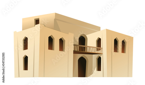 Arab clay double decker hut with balcony. Middle Eastern adobe dwelling. Africa and Asia traditional house. Isolated on white background Vector.