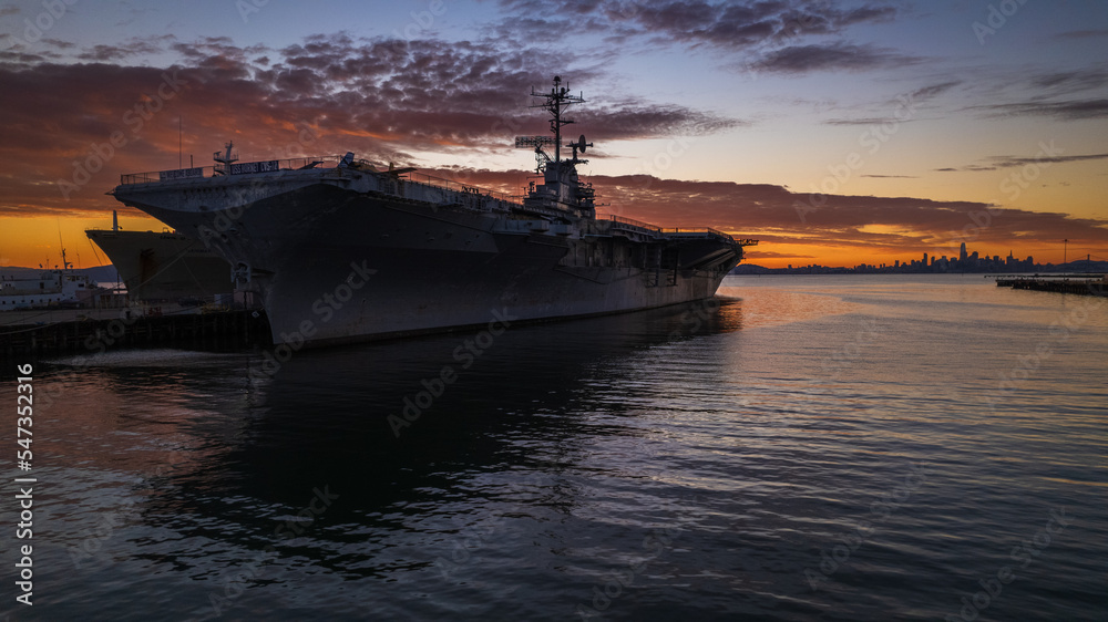 USS Hornet Sunset Drone View