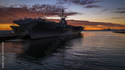 USS Hornet Sunset Drone View