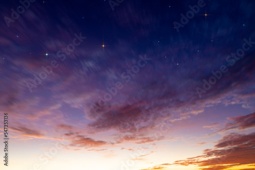 evening sky, day turns to night. Sunset, clouds and starry sky.