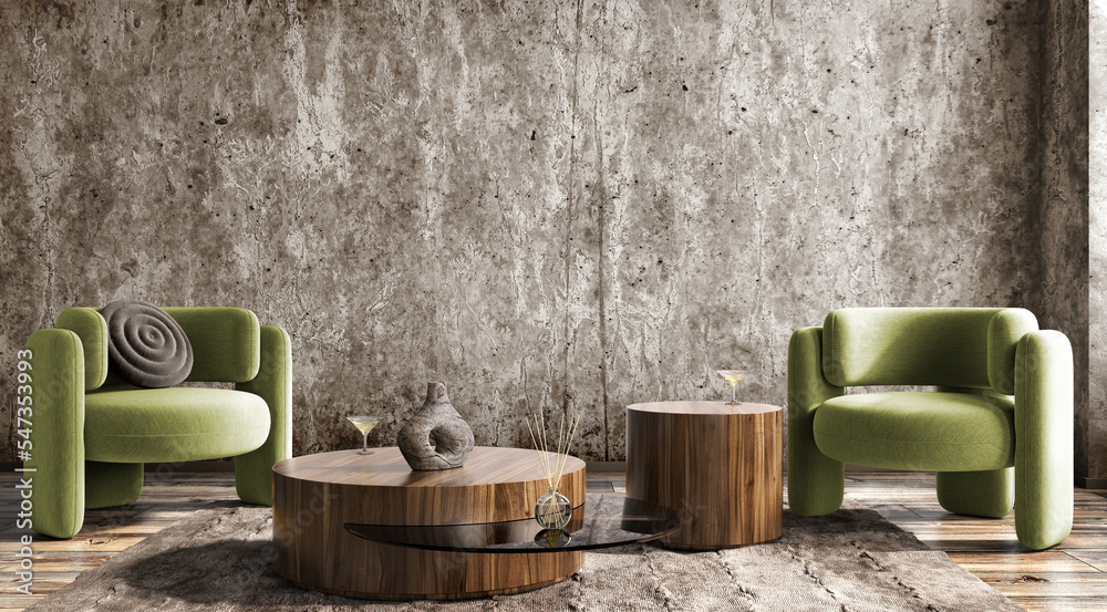 Industrial interior design of modern apartment, living room with green ...