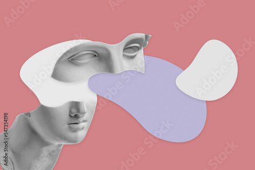 Collage with human face of antique sculpture in dadaism style. Contemporary art poster with ancient statue head. Funky design. Item for ad, flyer, sale, magazine, leaflet, billboard, music album.