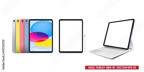 New generation 2022 tablet, Mock up of popular tablet gen 10 front view and blank display ,realistic vector illustration on white background.