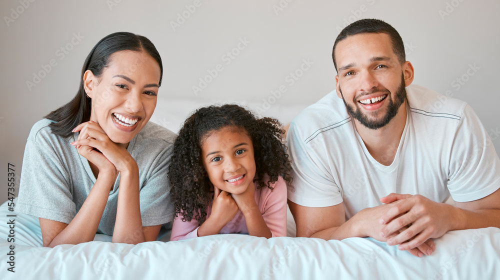 Black family, bed and face portrait of relax mother, father and girl bonding, at peace or enjoy calm quality time. Love, child care and happy family morning of mom, dad and youth kid in hotel bedroom Black family, bed and face portrait of relax mother, father and girl bonding, at peace or enjoy calm quality time. Love, child care and happy family morning of mom, dad and youth kid in hotel bedroom