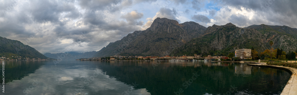 panorama landscape of the Bay of Kotor on the Adriatic Coast of Montenegro