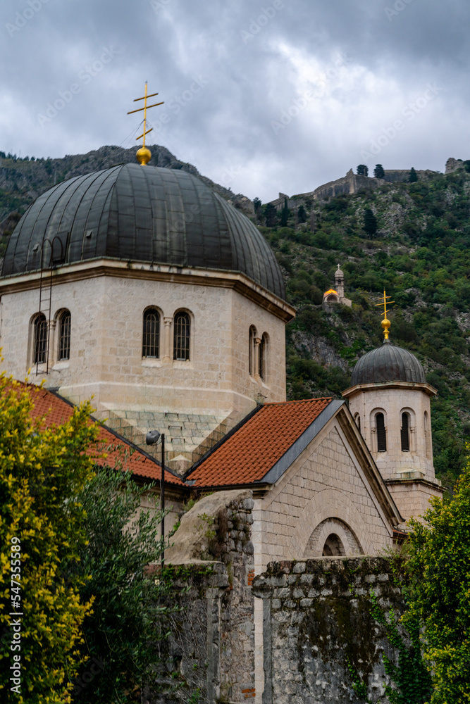 view of the Church of Saint Clare in the historic town center of Kotor in Montenegro