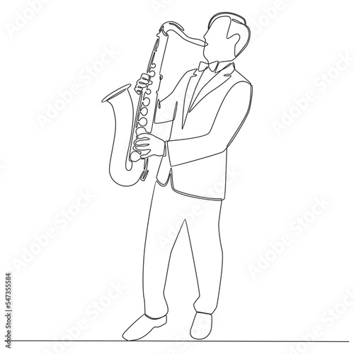 Continuous line drawing man saxophonist performing saxophone vector line art illustration