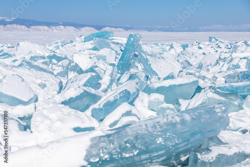 Landscape with transparent ice on Baikal, ice hummocks