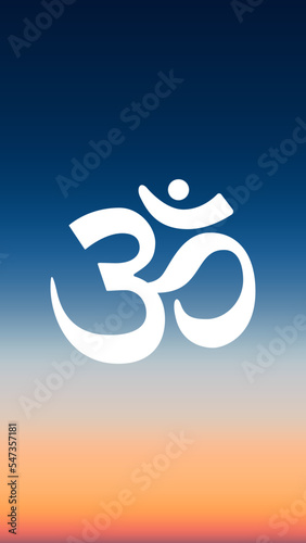 Abstract aerial vertical view of sun rise gradient mesh over ocean with chakra om icon. Nothing but sunset ombre blue sky and water. Beautiful summer serene scene. Vector illustration