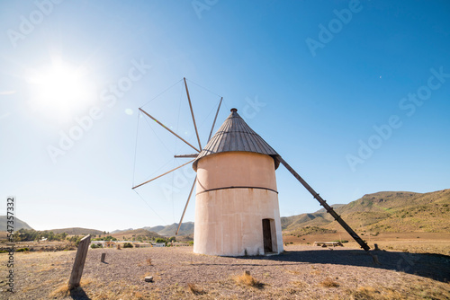 Old restored windmill in Cabo de Gata, Almeria, Spain