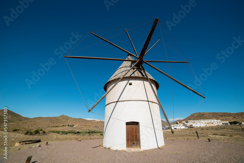 Old restored windmill in Cabo de Gata, Almeria, Spain