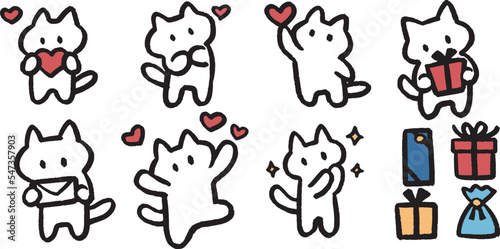 気持ちを伝える猫　ハート　プレゼント　バレンタイン　シンプルでかわいい装飾イラストセット