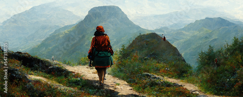  Rear view of woman hiking on a mountain trek