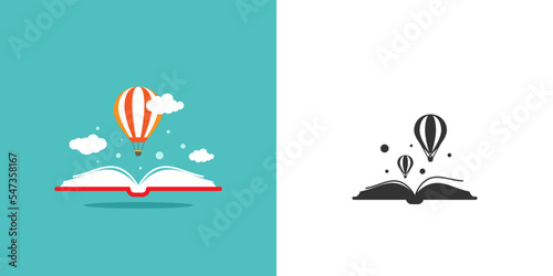 Open book with air balloon and clouds isolated on blue background. Vector flat illustration.