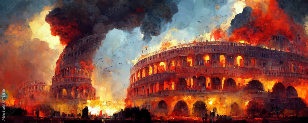 The apocalypse with Rome and the Colosseum on fire