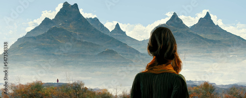 Woman standing and looking at mountains