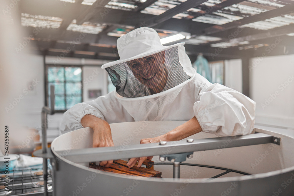 Woman, beekeeper and workshop, bee farming for honey and natural product, farm and small business owner with hive maintenance. Organic, bees and safety suit, elderly person smile in portrait. Woman, beekeeper and workshop, bee farming for honey and natural product, farm and small business owner with hive maintenance. Organic, bees and safety suit, elderly person smile in portrait.