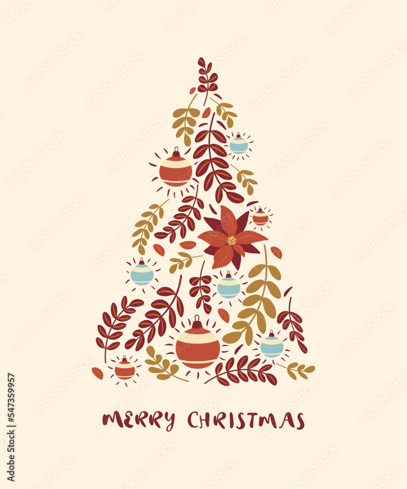 Christmas card with a Christmas tree made of leaves and Christmas decorations