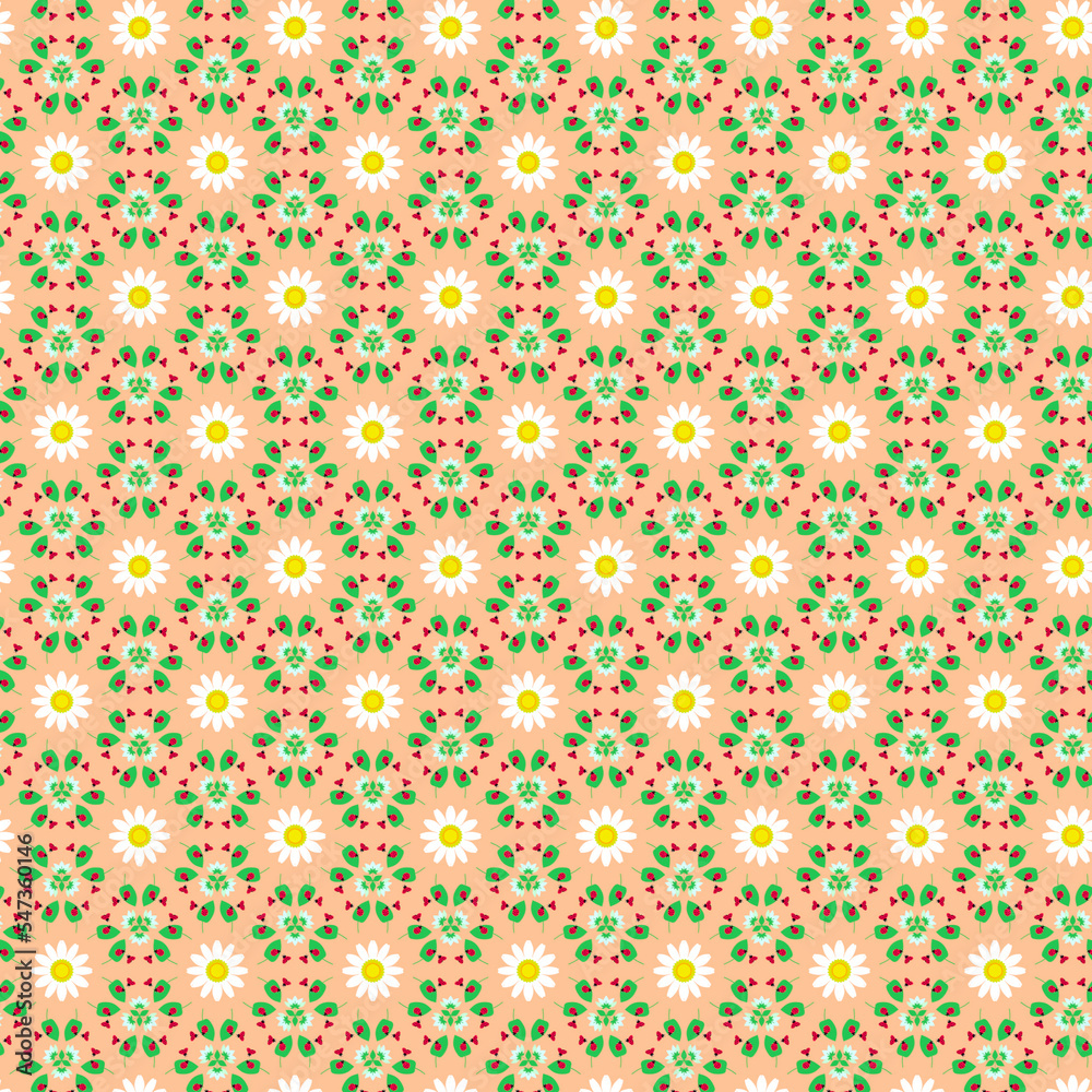 Spring summer botanical pattern with red ladybugs and white daisies isolated on a light pastel peach, cream background Spring summer botanical pattern with red ladybugs and white daisies isolated on a light pastel peach, cream background