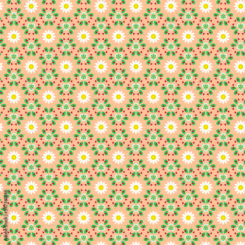 Spring summer botanical pattern with red ladybugs and white daisies isolated on a light pastel peach, cream background © Olga