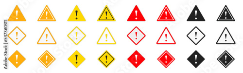 Caution signs. Exclamation mark of warning attention icon. Caution signs collection. Symbols danger. Vector illustration. EPS 10.