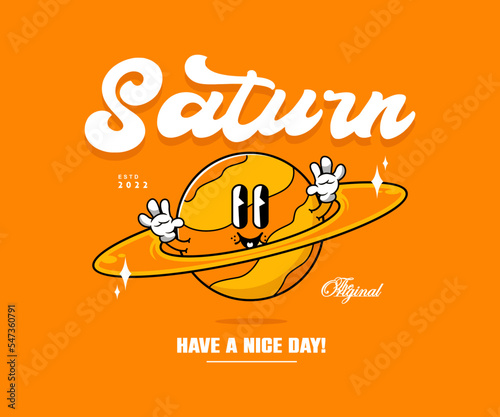 Retro Poster cartoon character of saturn planet Graphic Design for T shirt Street Wear and Urban Style
