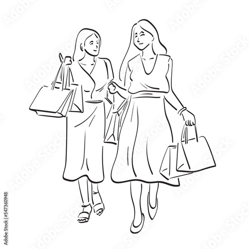 line art full length of two women with shopping bags illustration vector hand drawn isolated on white background